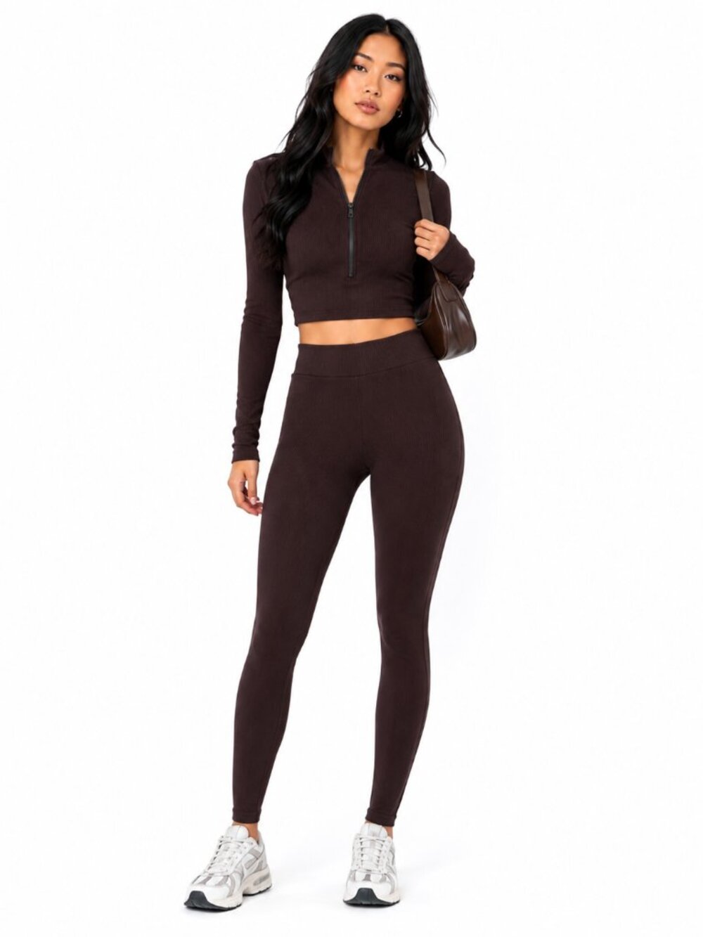 Chocolate Brown Ribbed Matching Set Zip Crop Top & Flare Leggings Y2K Athleisure